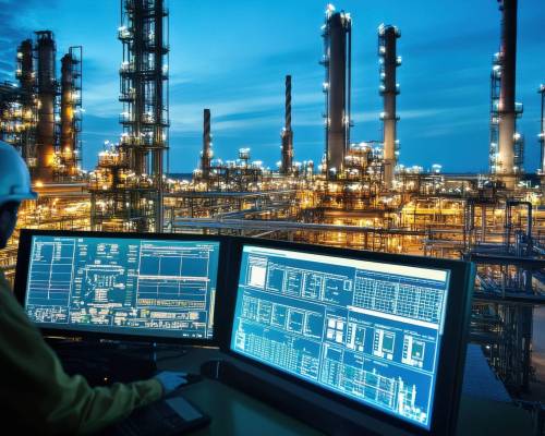 Modern control room in an oil refinery with AI-based optimization systems #image_title